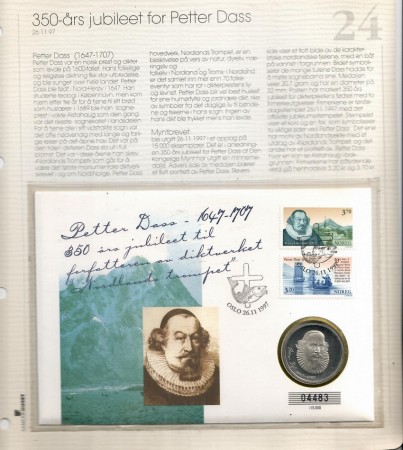 Myntbrev nr 24. 350-års jubileet for Petter Dass.