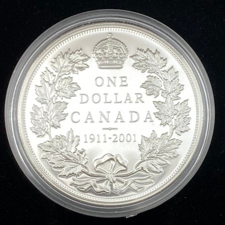 Canada: 1 dollar 2001 minneutgave 1911-2001 med originalt etui og info.